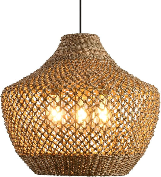 18.9" Rattan Pendant Light Fixtures,Boho Rattan Pendant Light 3-Light Hand Woven Seagrass Chandelier for Workplace Occasions Restaurants Dining Living Bedroom Kitchen Farmhouse