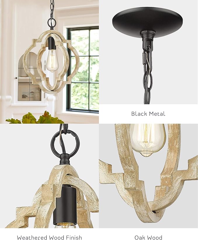 CALDION Pendant Lights for Kitchen Island, Farmhouse Wood Light Fixtures, Adjustable Height Hanging Pendant Lights for Foyer, Dining Room, Entryway