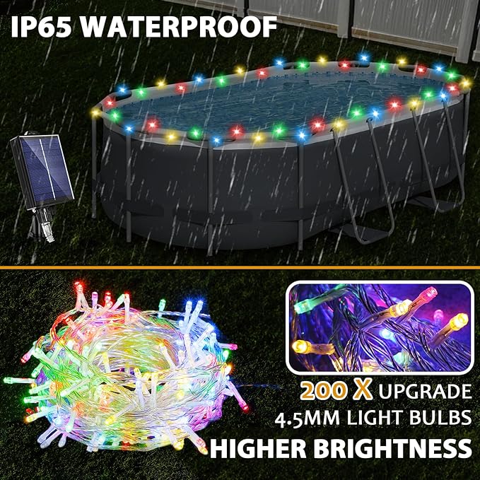 Solar Pool Lights for Framed Above Ground Pools, 72ft String Lights 200Bulbs, IP65 Waterproof Swimming Pool Accessories, Solar Powered with Charging Port, Remote 8 Modes, Outdoor Trampoline Camping