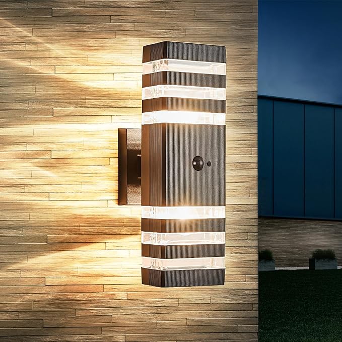 Motion Sensor Outdoor Wall Light Fixture Up Down Porch Lights Modern Dusk to Dawn Exterior Sconce Wall Mount Outside Coach Lantern for House Front Door Garage (Include 2 Free Dimmable Bulbs)