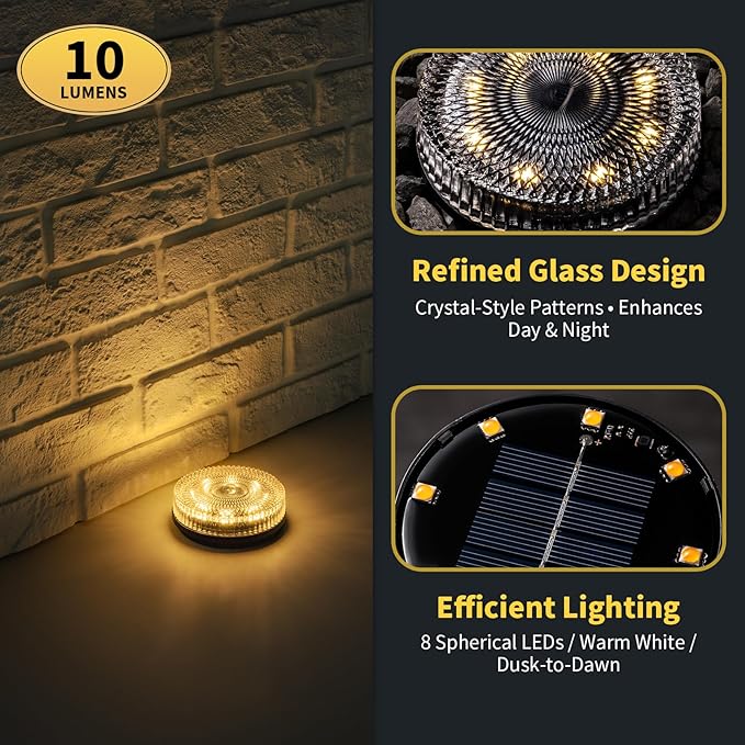 Glass Solar Ground Lights with Crystal Style, Modular-Design Waterproof In-Ground Light for Patio Pathway Lawn Yard Deck Walkway, Decorative Disk Lighting for Garden Bed, Warm White (8 Pack)
