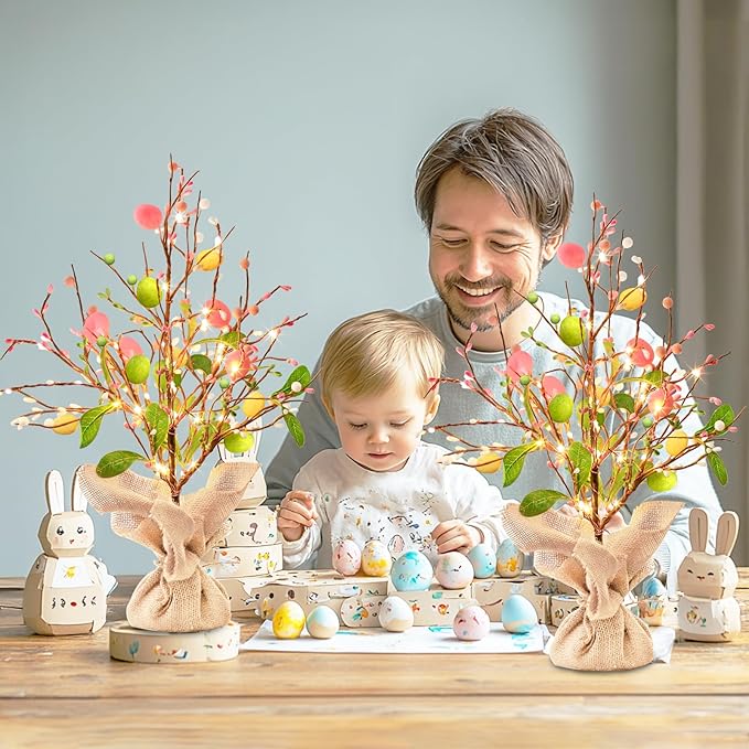 Vanthylit Easter Decorations, 2 Pack Easter Tree with Eggs Artificial Battery Powered Tabletop Centerpiece Lighted Artificial Tree for Holiday Party Spring Home Decor