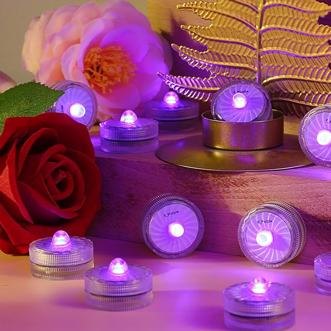 Submersible Led Lights, Purple Waterproof Flameless Candle Tea Lights,100H Battery Powered Underwater Small LED Light for Vase Table Centerpieces Wedding Party Halloween Christmas Decor,12 Pack