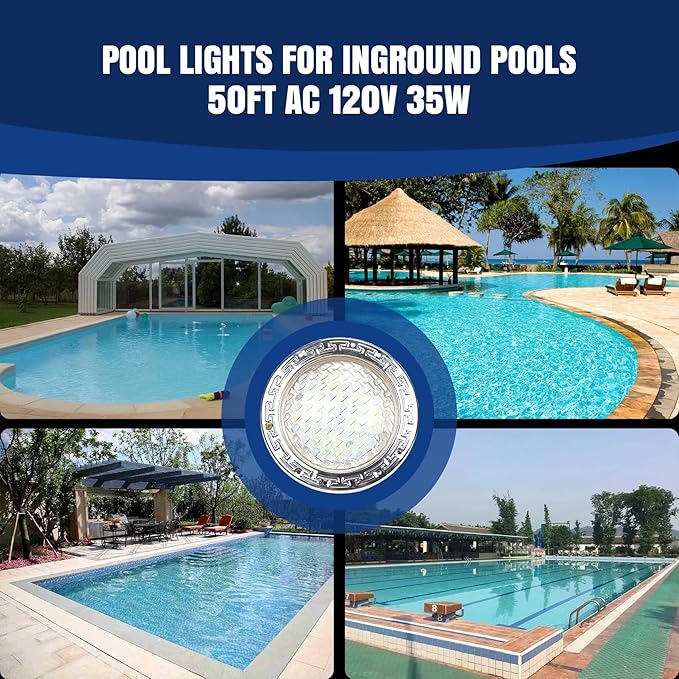 120V Pool Light for Inground Pools, 10 Inch LED Pool Lights with 50FT Cord, Underwater Swimming Pool Lights Suitable for 10 Inch Wet Niche, Input AC120V, 35W, White Light Pool Light
