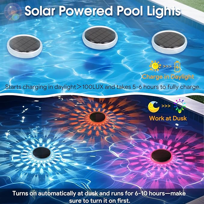 Energetic Solar Floating Pool Lights, IP67 Waterproof LED Pool Lights with Remote Control, RGBW Color Changing Decor Lighting for Pond, Bathtub, Dusk to Dawn, Dimmable, Timer, 5 Pack
