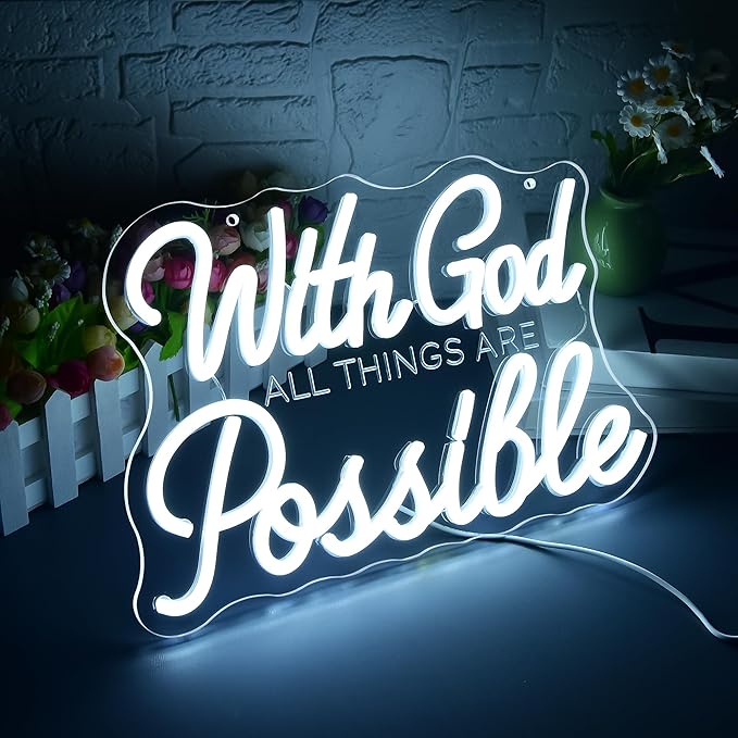 With God All Things Are Possible Neon Sign for Wall Decor Dimmable God LED Neon Light Jesus Christian Decor for PrayerRoom Home Church Party White Inspirational Signs Wall Art Size 13.8*9.3in(GLNP214)