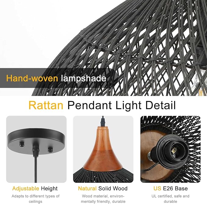 Large Black Rattan Pendant Light, 20" Rattan Chandelier Hand-Woven Wicker Pendant Light Fixtures with Solid Wood, Basket Hanging Lighting for Dining Room Kitchen Island Living Room
