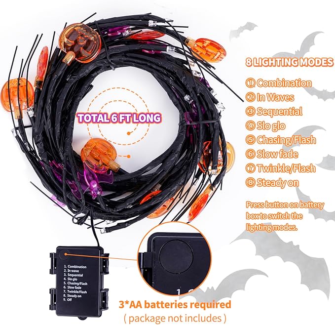 RJZZ 6FT 54LED Halloween Garland with Lights Orange and Purple Halloween Lights with Timer 8 Modes Waterproof Indoor Battery Operated Garland for Mantle, Wall, Fireplace