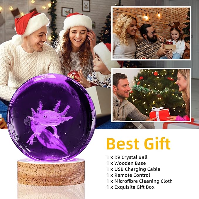 3D Axolotl Crystal Ball Night Light with Remote, Upgraded 3.15 Inch Axolotl Glass Ball Lamps with 16 Color LED Wooden Base for Birthday Holiday Xmas, Cool Axolotl Toy Decor Gifts for Boys Girls Kids