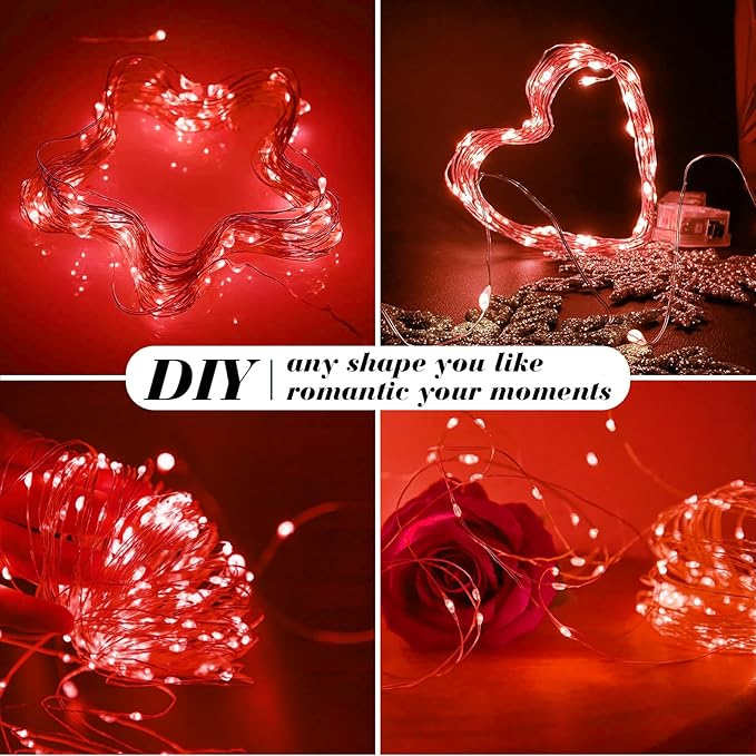 ZGWJ 100 Pack Fairy Lights Battery Operated, 7ft 20 Mini LED Fairy String Lights Silver Wire 3 Modes for DIY, Parties, Wedding, Bedroom, Halloween Christmas Decoration Red