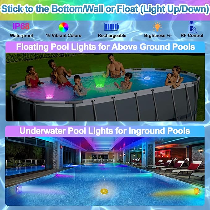 Pool Lights for Above Ground Inground Pool, Underwater Rechargeable Submersible LED Lights with Remote, IP68 Waterproof, Pool Light for Hot Tub, Shower, Vase, Fountain, Aquarium, Bath, Party, 2 Pack