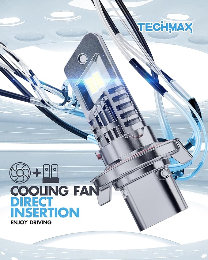 TECHMAX H13 Light Bulbs, 9008 Fog Light Bulb w/Fan 600% Bright 6500K Wireless Direct Insertion Plug and Play, Pack of 2
