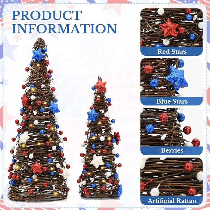 CRCZK 250 Anniversary USA Table Rattan Trees with LEDs, 4th of July Independence Day Table Centerpiece,Rustic Farmhouse Memorial Day Decorations 2PACK Red White Blue Patriotic Decorations