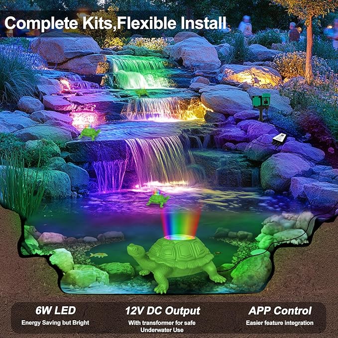 Pond Light LED Underwater with 12V Transformer, 6W Turtle Pond Lights with APP, IP68 Waterproof Fountain Lights with Long Cables for Ponds Fountain Waterfall Yard Water Feature, 4 SpotLights