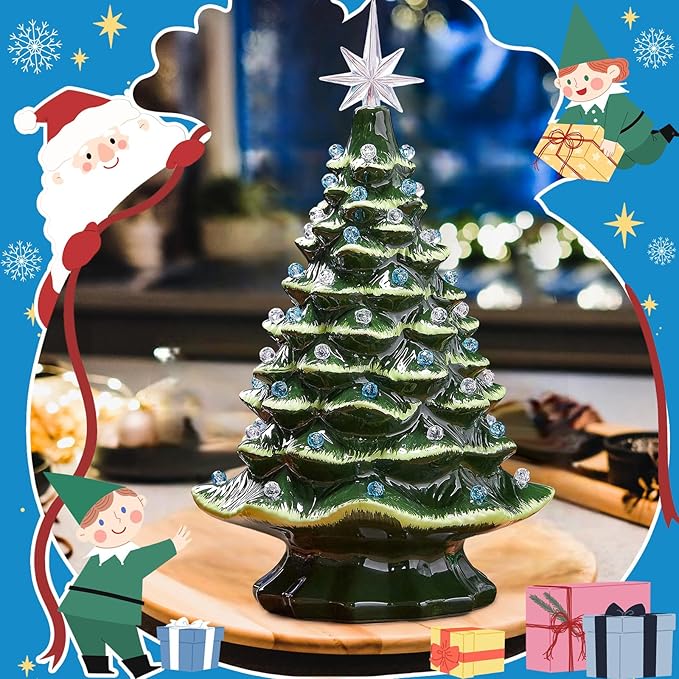Boao 100 Pcs Ceramic Christmas Tree Bulbs with 5 Pcs Star Topper Light Ornaments Round and Heptagram Christmas Replacement Lights Bulbs for Village Xmas Tree Topper Decorations(Blue and Clear)