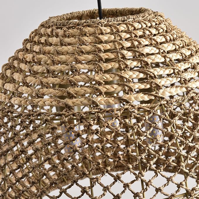 19.29” Large Rattan Pendant Light,3-Light Wicker Chandelier Light Fixture,Boho Kitchen Island Hanging Seagrass Rustic Lighting for Dining Room, Farmhouse,Foyer