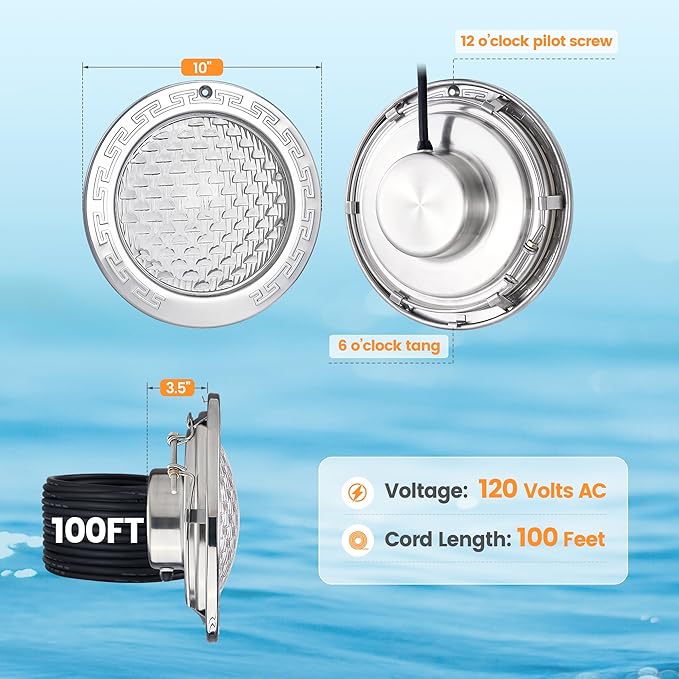 SURAIELEC 10 Inch 120V LED Pool Lights for Inground Pool, 5000 Lumen Cool White Inground Pool Light, 50W LED (500W Equivalent), Fits 10" Wet Niches, 100 FT Cord, Ultra Bright Upgrade