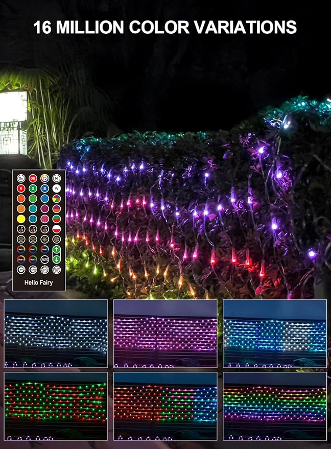 4ft*18ft Outdoor Christmas Net Lights, Smart Mesh Lights for Bushes, Group Control, Waterproof, Color Changing, App/Remote Control, Timer, Dimmer, Holiday Trees, Garden, Xmas Decor