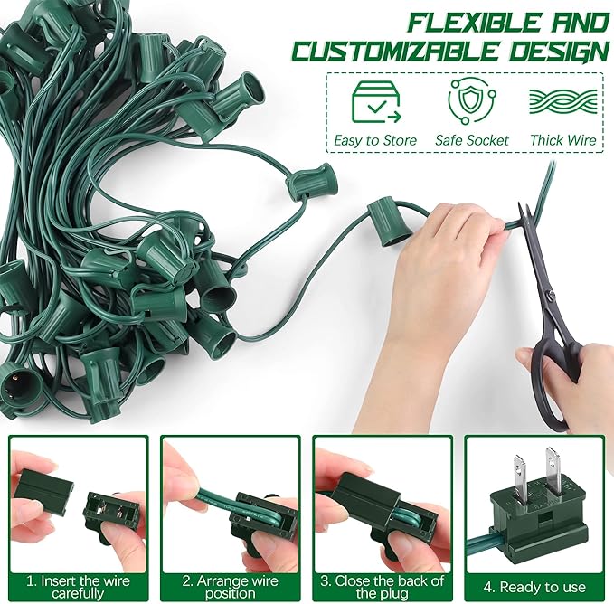 Fovths 50 Ft C9/E17 Christmas Light Sockets Set Outdoor UL Listed String Light Include 50 E17 Socket with 100 Clips, 6 Female Male Plug, Christmas C9 Green Wire for Patio Event Decor