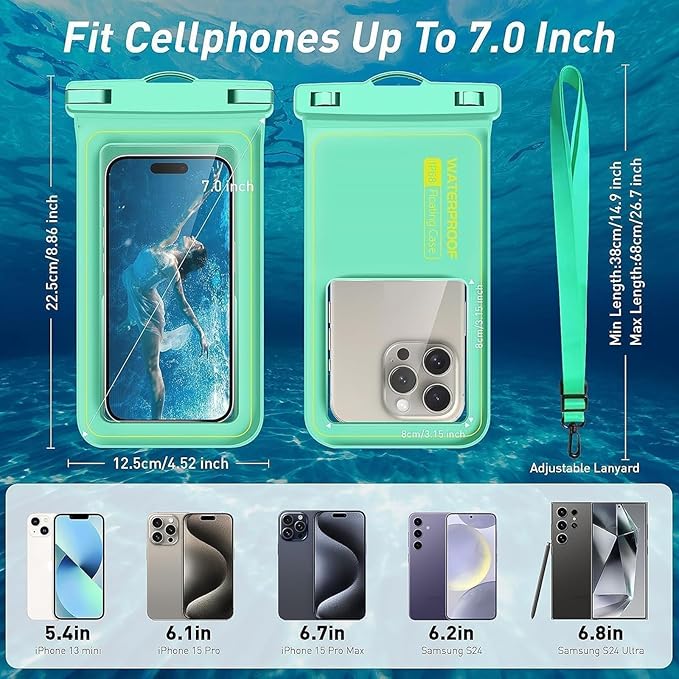 Marine IP68 Waterproof Phone Pouch, Floating Waterproof Phone Dry Bag Compatible with iPhone 17/16/15 Pro Max/ 14 Pro Max/ 13 Pro Max/ 12/ S24 Up to 7", Detachable Lanyard, 1 Pack- Green