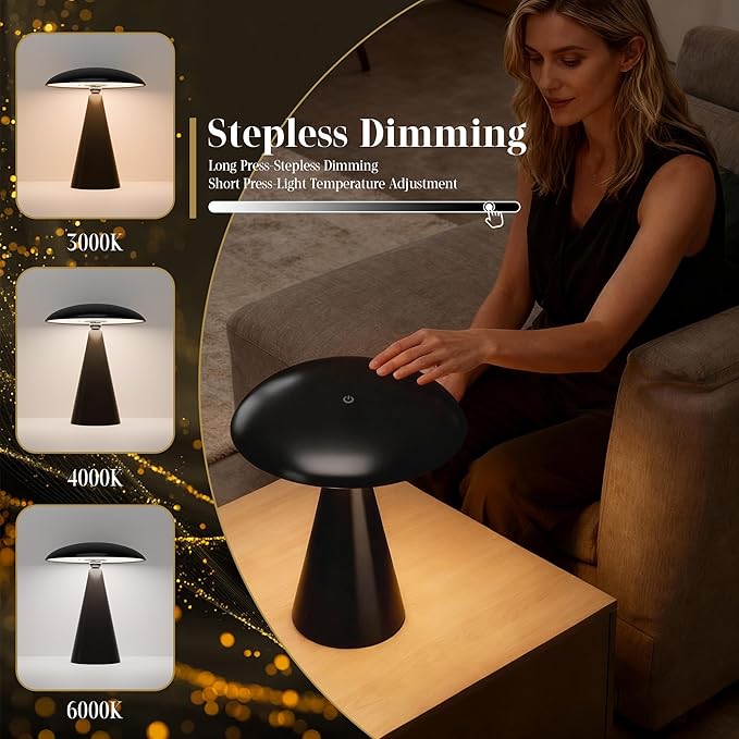 Mushroom Aesthetic Cute Lamp,Magnetic Mid Century Modern Lamp with 3-Mode Lighting for Unique Home Mushroom Decor,Cordless USB Rechargeable Lamps for Bedside/Dorm/Office/Entryway Decor(Black)