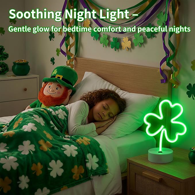 St Patrick's Day Shamrock Light - Patrick Party Neon Sign Decoration - Green Clover LED Night Light - USB or Battery Powered Table Lamp - Lucky Shamrocks Gifts for Kids - Decor for Window Room Bedroom