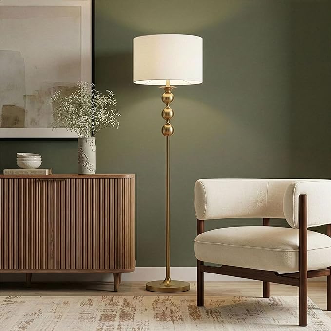 Brightech Riley 60" Floor Lamp, Elegant Modern Standing Lamp with Drum Shade, Boho Chic Mid-Century Living Room Décor, Classy, Traditional Art Deco Corner Floor Lamp for Bedroom, Office - Gold/Brass