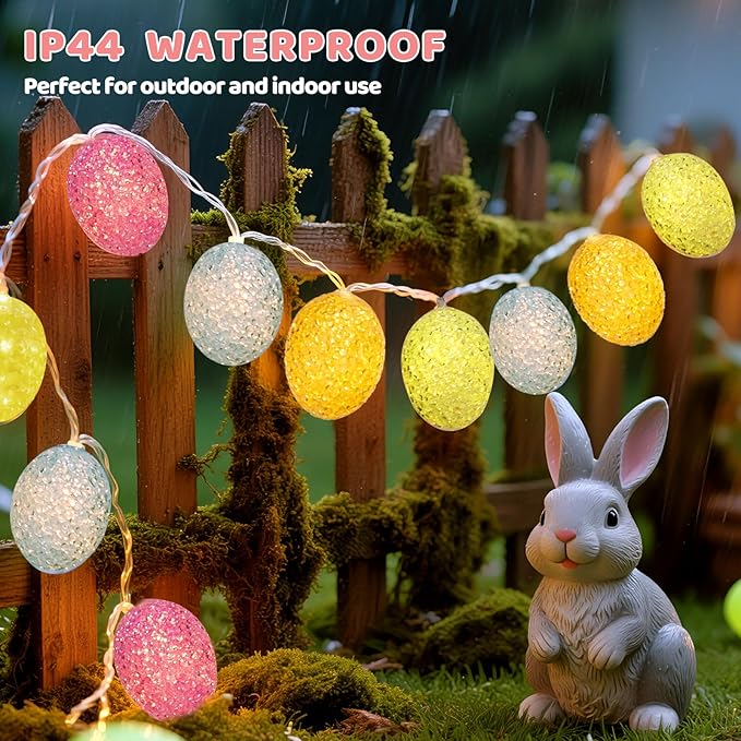 LED Easter Egg Lights String, 10ft 10 LED Pastel Lights, Steady On Easters Eggs Ornaments Battery Powered for Easter, Party, Home Decorations, White Wire