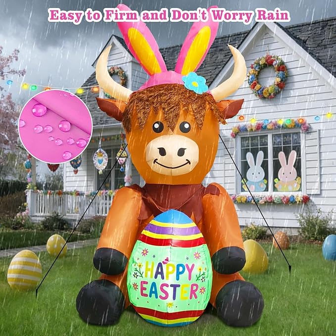 5FT Tall Easter Inflatable Highland Cow with Easter Egg Outdoor Decoration, Blow Up Highland Cow Inflatables Built-in 2 LEDs for Easter Day Outdoor Indoor Yard Garden Lawn Decor