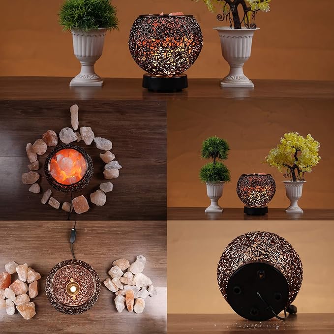 Plemo Natural Himalayan Salt Lamp with Genuine Wood Base in Classic Round Metal Basket with Dimmable Cord and Luxury Gift Box