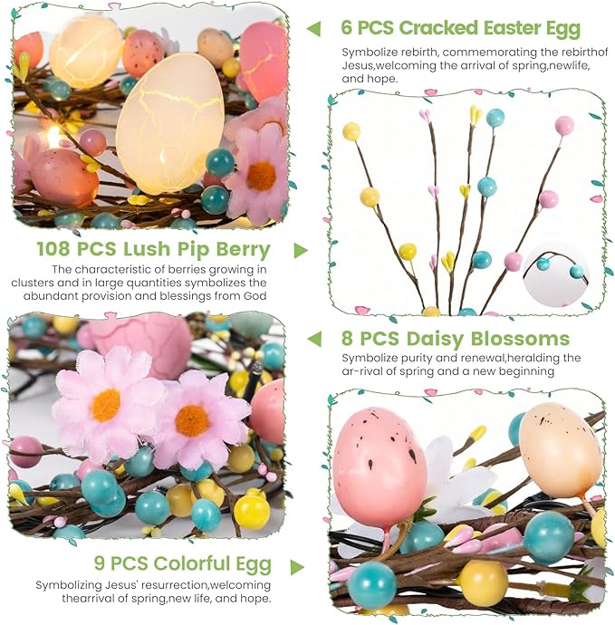 6 FT Pre-Lit Easter Garland with 20 LED Lights & 8 Mode Timer, Mixed Pastel Easter Pip Berry Spring Galand for Mantle Decorations, Lighted Artificial Easter Egg Garland for Fireplace Table Holiday