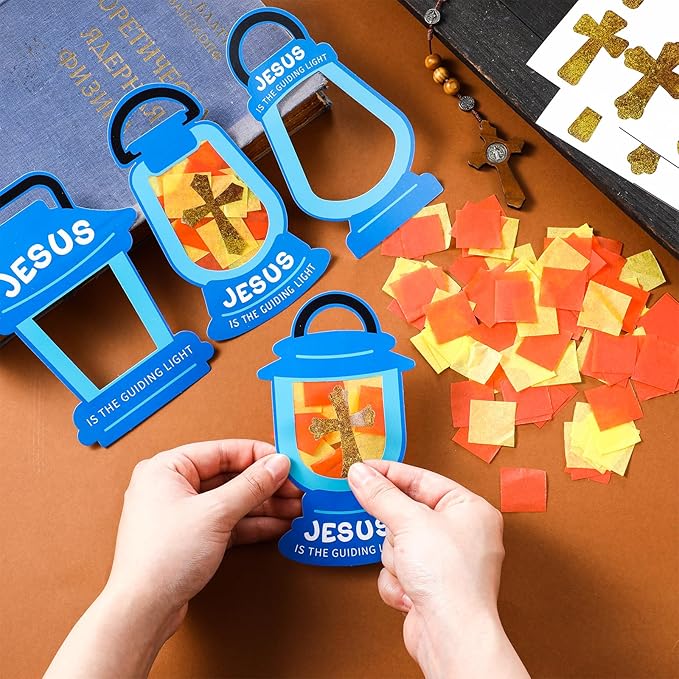 24 Sets Easter Crafts Religious Jesus Lights The Way Tissue Sign Cross Crafts Kit DIY Jesus Light Christian Religious Oil Lamp Cross Art for Camping Sunday School VBS Church Activities