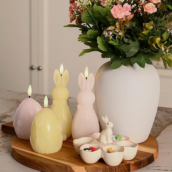 WDS WONDROUS Easter Flameless Candles Set of 4, LED Bunny & Egg Candles with Floral Embossed Design, Pink & Yellow Battery Operated Candle for Home Decor, Gift for Women, Mom, Easter Decor