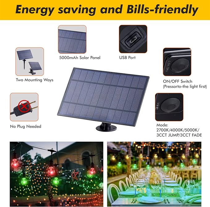 96FT Solar Outdoor String Lights with Remote, 30 Shatterproof Edison Bulbs, Dimmable Color Changing Commercial Patio Lights for Cafe, Yard, Garden, Bistro