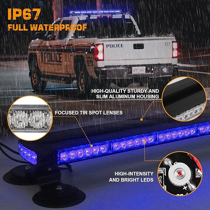 XRIDONSEN 37 Inch 104 LED Roof Top Blue Emergency Lights Magnetic Police Firefighter Safety Lights w/Controller for Vehicles POV Fire Trucks