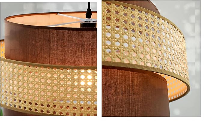 LIGHTLAND Rattan Farmhouse Pendant Light Fixture, Hand Woven Dining Room Pendant Light with Fabric Shade, Rustic Pendant Hanging Light Fixture for Kitchen Island Rattan Pendant Lighting 20''