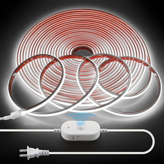 Motion Sensor COB LED Strip Light AC 110V 40FT Cold White 6000K Plug In Waterproof IP68 Adjustable Time-Delay Motion Activated Flexible Led Lights Strip for Under Cabinet Bedroom Courtyard 288LEDs/M