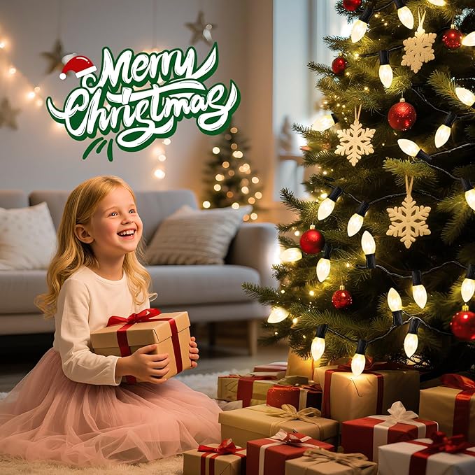 C9 Clear Christmas String Light, 50 Ft Vintage Christmas Tree Lights, Outdoor Waterproof Roofline String Lights with 50 Clear Bulbs for Patio Garden Holiday Indoor Wedding Home Decoration, Black Wire