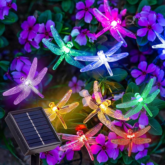 20 LED Dragonfly Solar String Lights, 8 Modes Waterproof Multicolor Lights Outdoor, 16 FT Solar Powered Dragonflies String Lights for Garden Fence Patio Yard Christmas Tree & Party Decor