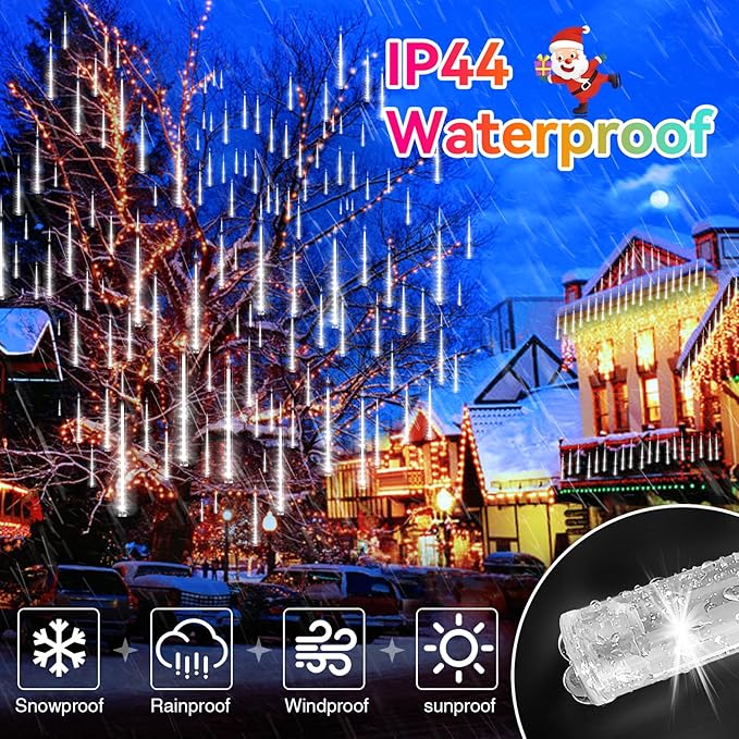 KNONEW Christmas Lights Outdoor, 15 inch 24 Tubes 672 LED Meteor Shower Lights Plug in Waterproof Falling Rain Light for Xmas Tree Wedding Party Garden Holiday Rooftop Decorations (Cool White)