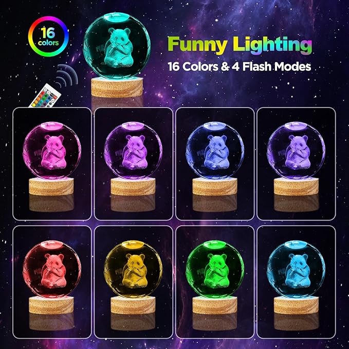 Panda Crystal Ball Night Light - 3.15 in Panda Glass Ball Lamp with 16 Color Changing Wooden Base and Remote Control - Ideal Gift for Kids, Friends & Decor