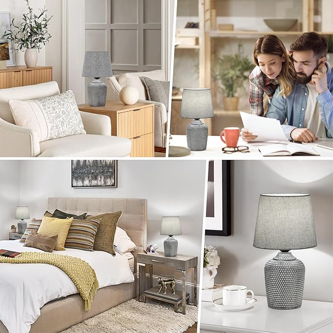 Sucolite 11.8'' Small Table Lamps Set of 2, Bedside Nightstand Lamps for Bedroom Kid’s Room, Cute Desk Lamps with Studded Texture Base for Reading Nursery Living Room Office, Grey