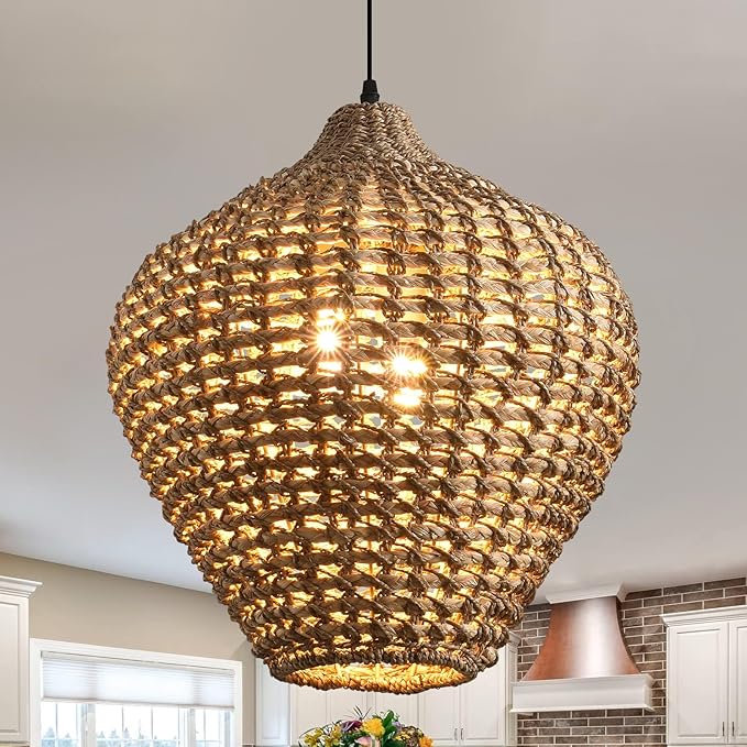15.75" Rattan Pendant Light,2-Light Boho Hand Woven Coastal Wicker Hanging Ceiling Chandeliers,for Kitchen Island, Dining Room, Farmhouse,Foyer