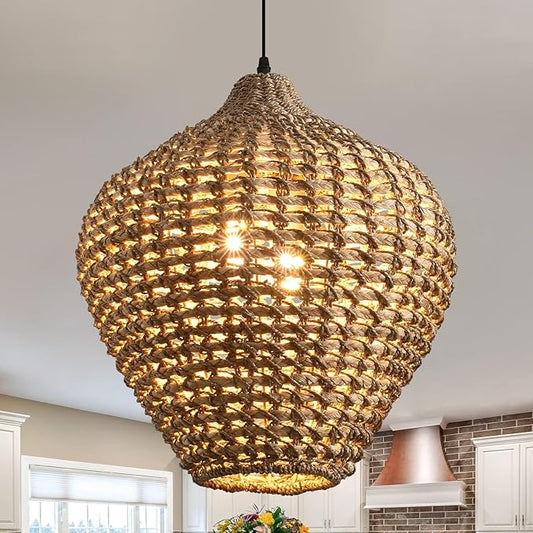 15.75" Rattan Pendant Light,2-Light Boho Hand Woven Coastal Wicker Hanging Ceiling Chandeliers,for Kitchen Island, Dining Room, Farmhouse,Foyer
