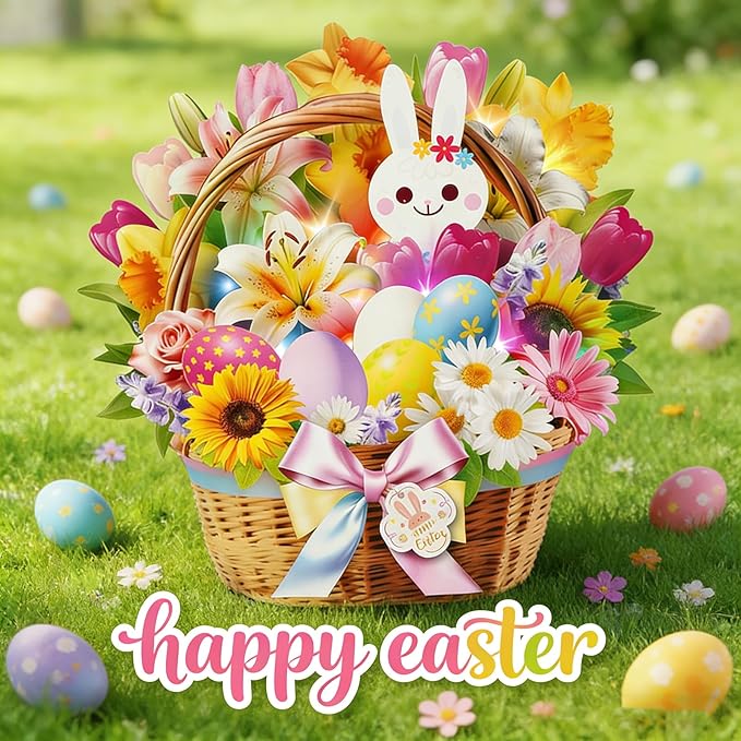3D Pop Up Easter Flower Basket Card with Music & Lights – Bunny, Eggs, Lily, Tulip, Daisy Bouquet – Envelope Included – Gift & Decoration