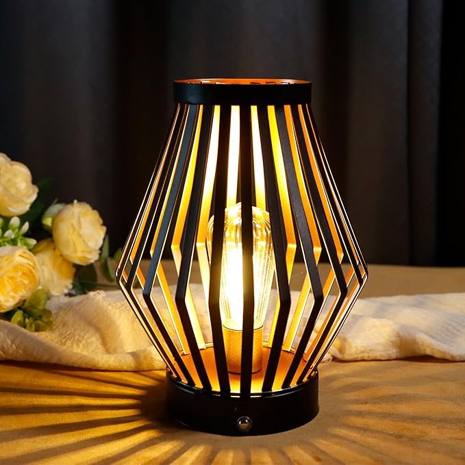 JHY DESIGN Set of 2 Dimmable Bedside Table Lamp 8.5''H Rechargeable Metal Cage Lantern with LED Edison Style Bulb Cordless Accent Lamp for Weddings Parties Patio Events for Indoors Outdoors