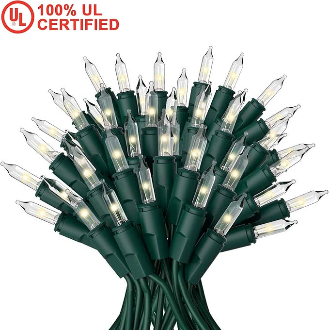50 Christmas Mini Lights Set - 12.3 ft / 3.7 m - 120V - Clear Warm White Bulbs 2800K - Green Wire - Decor Lights for Patio Garden Wedding Holiday Christmas Tree - Indoor and Outdoor Decorative Use