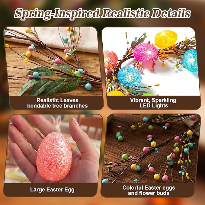 Enhon 6ft Easter Garland with Light, 15 LED Easter Egg Decoration, Spring Decorative for Mantle, Table Centerpieces, Stair Railing, Doorway, Windowsills, Front Door Décor & Party