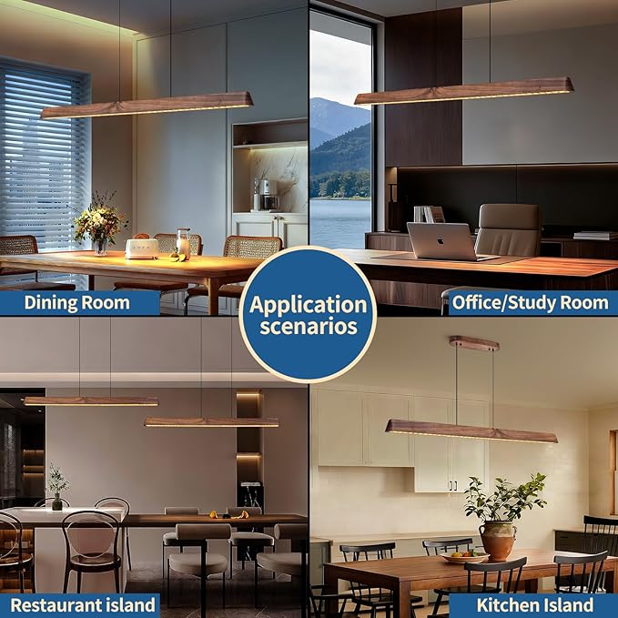45" Wood Linear Pendant Light, Dimmable Kitchen Island Lighting with Remote, 30W LED Island Lights for Kitchen, Adjustable Linear Chandelier for Dinning Room Light Fixture, Bar, Pool Table - Walnut