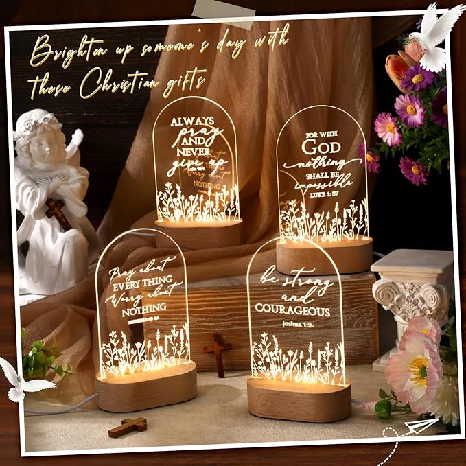 6 Pcs Christian Acrylic Night Light Bulk Mothers Day Religious Faith Church Gifts for Women Ladies Group Bible Verse Scripture LED Lamp with Wood Base for Easter Decor Men Clergy Pastor